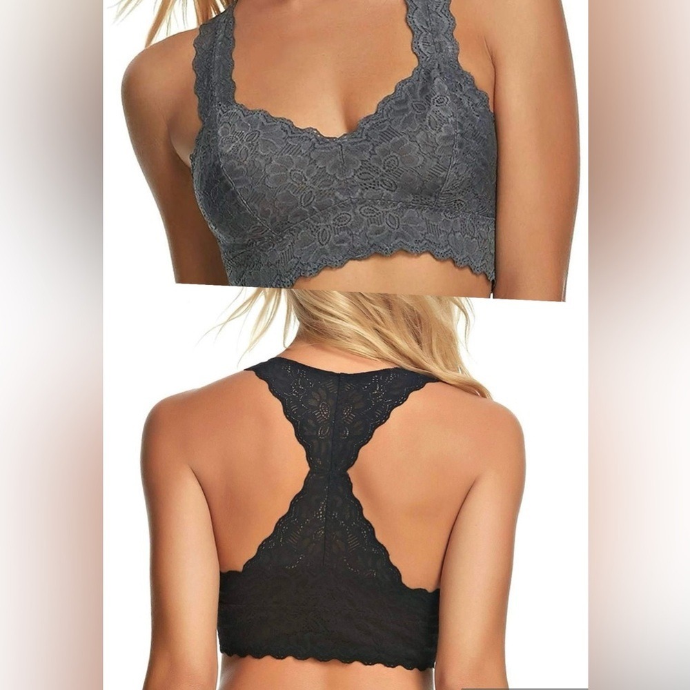 Felina Women's Lace Racerback Bralette Set 2-Pack Black Grey Large Wireless Bra